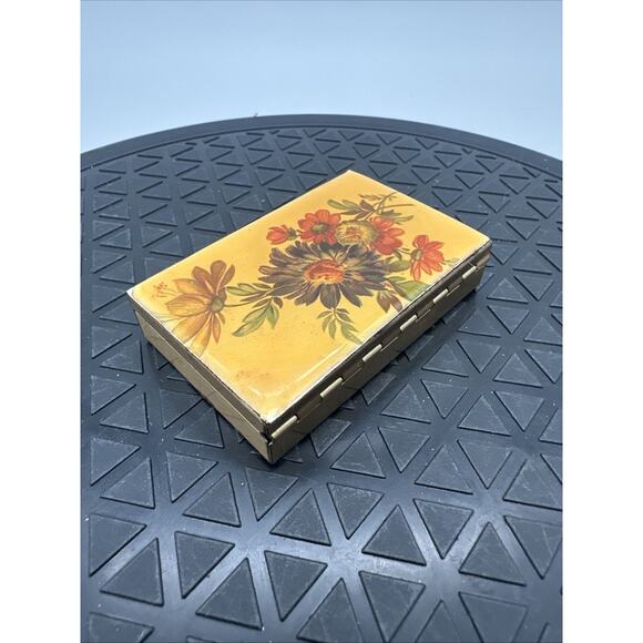 Vintage Pill Bar Box Fall Trees Bird With Bottles Gold Metal - Picture 2 of 9